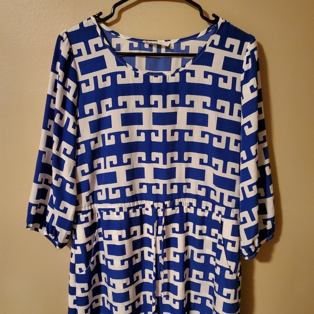 Blue and white dress.